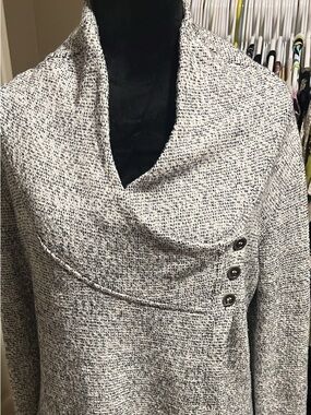 Women's Heather Gray Cowl-Neck Wrap Sweater Jacket with Button Detail